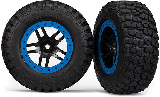 Tire & wheel assy, glued (SCT Split-Spoke, black, blue beadlock wheels, BFGoodrich Mud-Terrainル T/A KM2 tire, inserts) (2) (4WD f/r, 2WD rear)